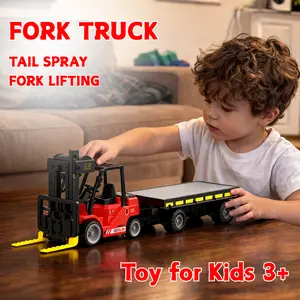 RC Forklift Truck Toy with Pallet & Cargo, Remote Control Construction Vehicle with Water Spray, Lights & Sound Effects, Rechargeable Battery, Detachable Design for Kids