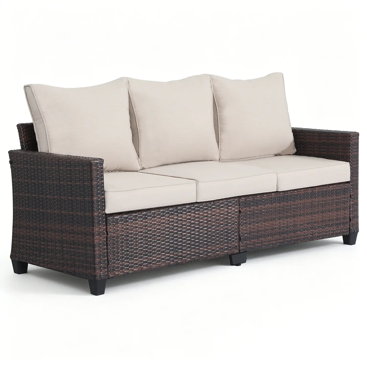 3-Seater High Back Deep Seat Sturdy Outdoor Patio Sofa - Casual Rustic All-Weather PE Rattan Sofa with Fixed Arms, Waterproof Cotton Cushions, Comfy Couch for Garden, Poolside Decor