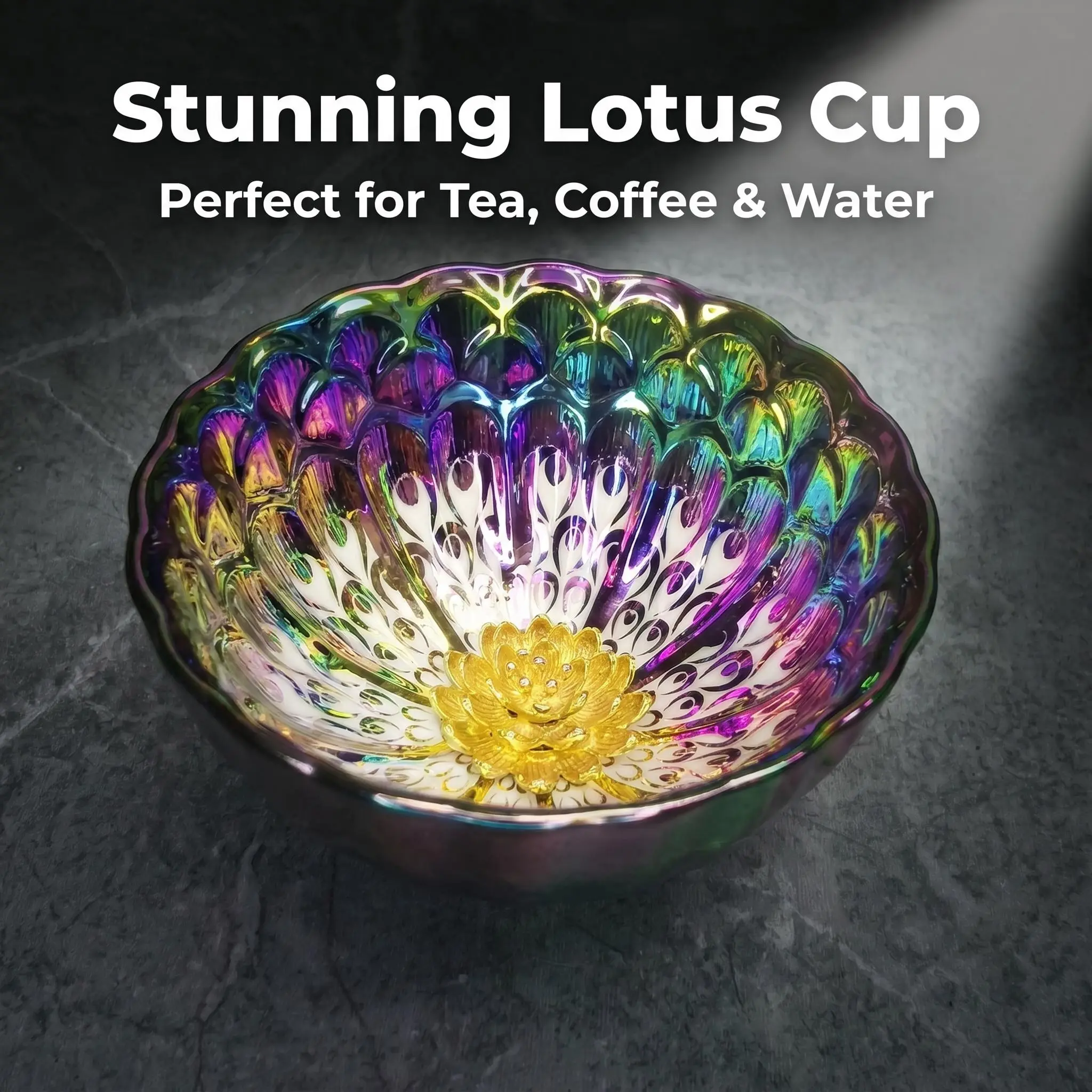 Handmade Iridescent Lotus Glass Bowl - 3D Sparkling Rainbow Flower Tableware, Unique Trinket Dish, Handcrafted Jewelry Holder