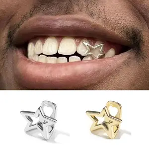 Hip Hop Punk Hollow Pentagram Star Teeth Grillz Gold Silver Color Tooth Caps For Women Men Jewelry Halloween Oral