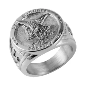 HZMAN St. Michael San Miguel The Great Protector Archangel Defeating Satan Figurine Stainless Steel Amulet Ring
