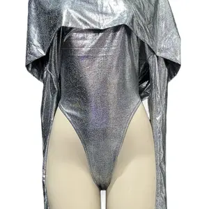 Metálic Silver Hoodie Long Sleeve Bodysuit for Women - Tops, Womenswear Lady Metallic