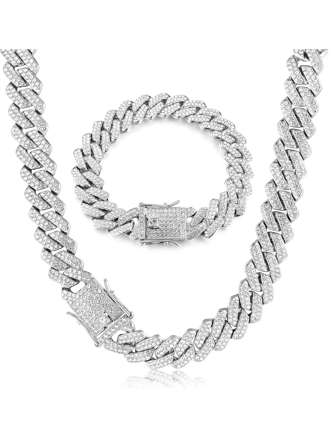 Link Chain Iced Out for Men 14MM Miami Link Choker Necklace Bracelet Set 18K Gold Plated Sparkling Diamond Necklace Bracelet Hip Hop Jewelry Sets for Boys Girls 41/51/56cm