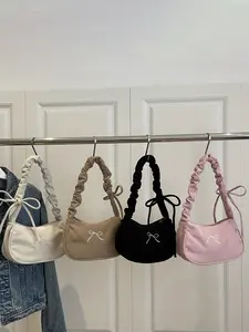 Simple Embroidered Bow Shoulder Bag, Handbag Shoulder Purse, Corduroy Wrinkled Strap Underarm Bag, Cute Style, All Seasons, Plain Pattern, No Ca Prop 65 Warning