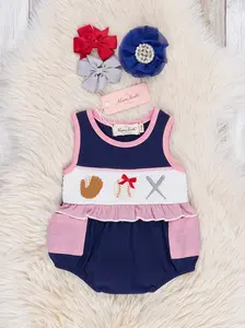 Baseball Smocked Cotton Ruffle Bubble Romper