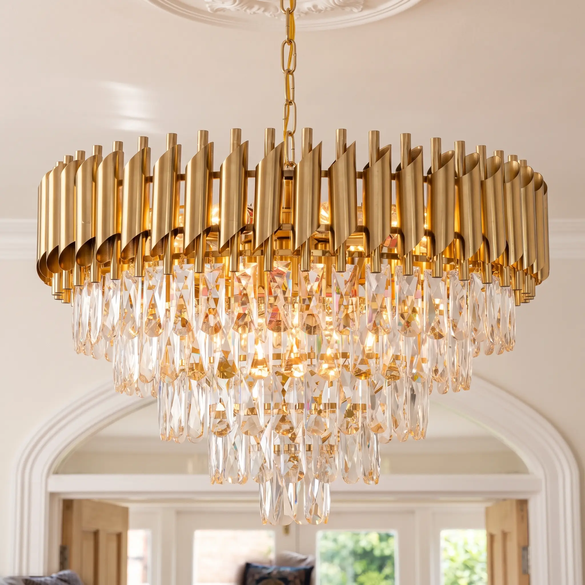 Modern Gold K9 Crystal Chandelier - 5-Tier Round Pendant Light, Adjustable Hanging Chain, E14 Socket, Luxury Glam Metal Frame, for Kitchen Island, Dining Room, Living Room (Bulbs Not Included)