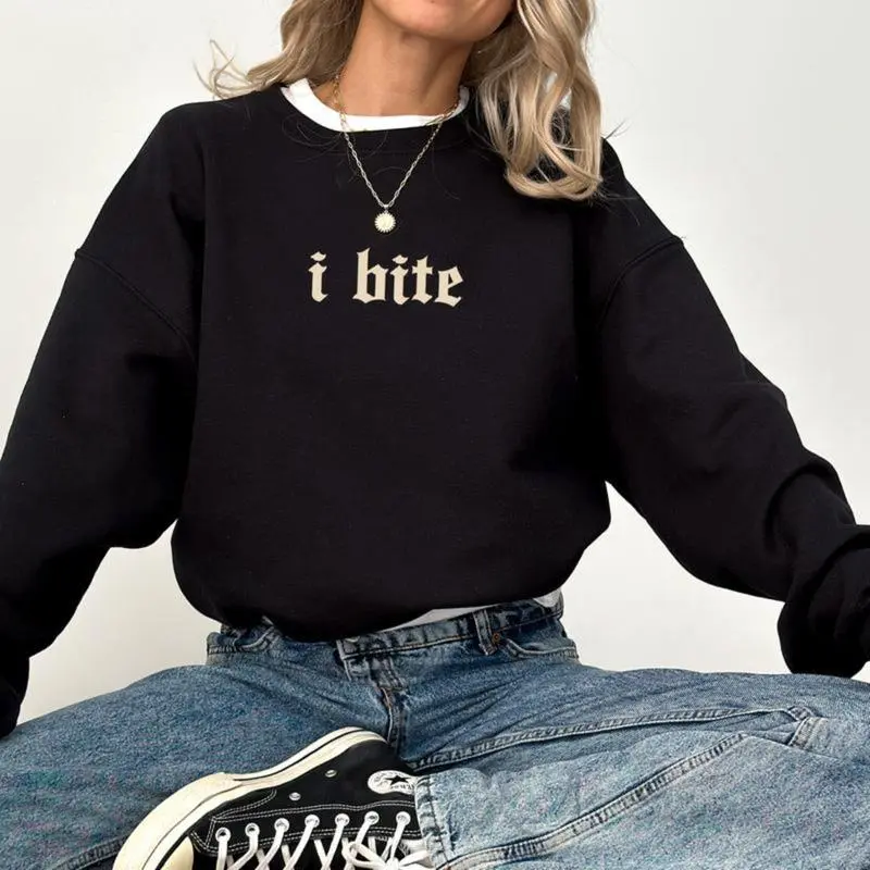 Women's Gothic "I Bite" Long Sleeve Round Neck Solid Fabric Unisex Crewneck Sweatshirt - Sarcastic Meme Pullover, Funny Gift for Her, Fashion, Tops, Breathable, Comfortable