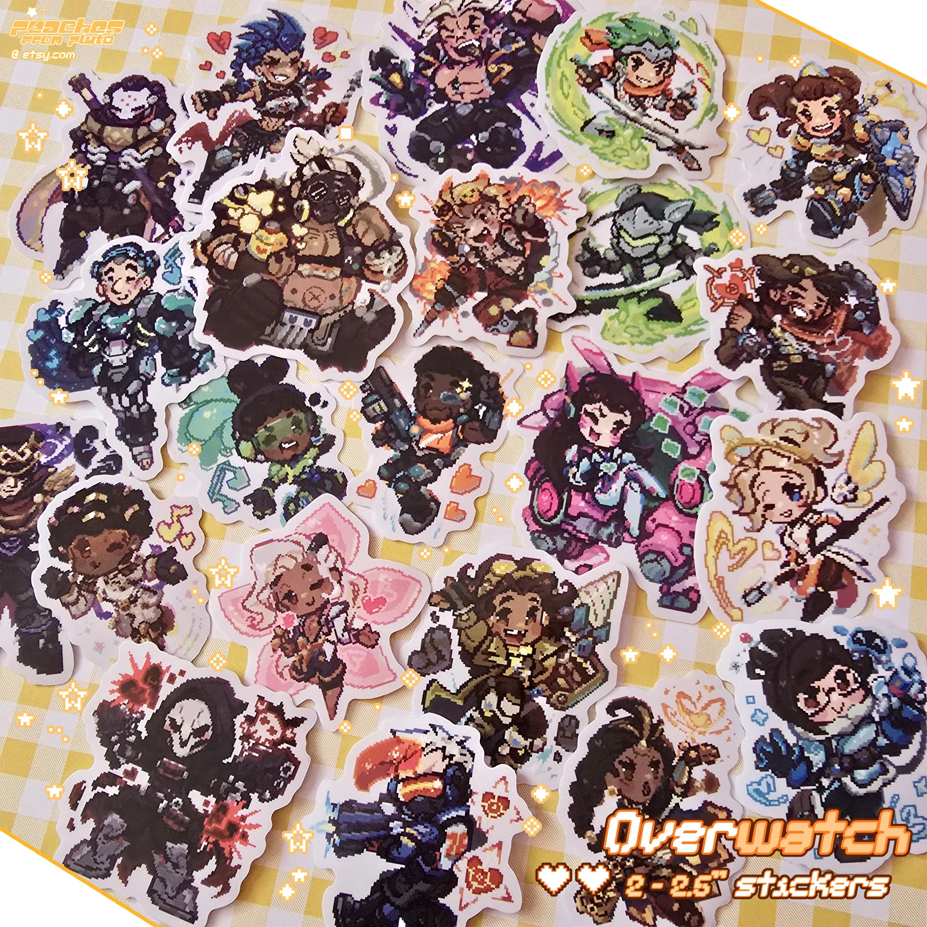 Overwatch Pixel Gaming Stickers – Gaming Pixel Art Video Game FPS Geeky Gamer Stickers for Water Bottle Laptop Phone, DVA Ramattra Kiriko Illari Mercy, Waterproof Clear Decal Pack Baptiste Mauga Junker Queen Lucio 2–5 Inch Combo, Gift For Game Lovers
