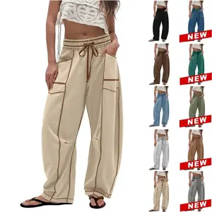 JovenPara Women's Fleece-Lined Baggy Barrel Pants Wide Leg Smocked Elastic Waistband Lounge Drawstring Trousers with Pockets Casual Streetwear Bottoms Womenswear