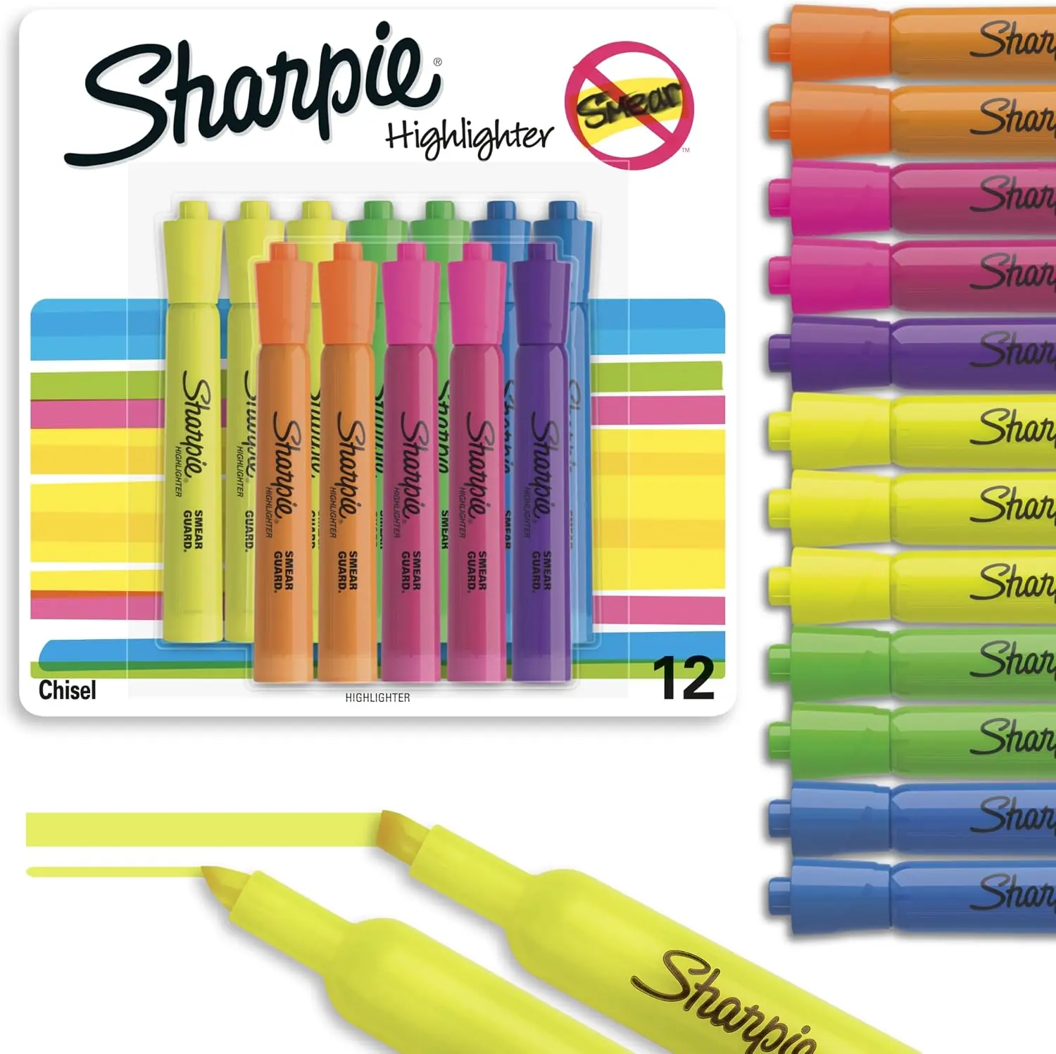 Sharpie Tank Highlighters, Chisel Tip, Assorted Fluorescent, Six Assorted Colors, 12 Count - Back to School, Office, Teacher Supplies
