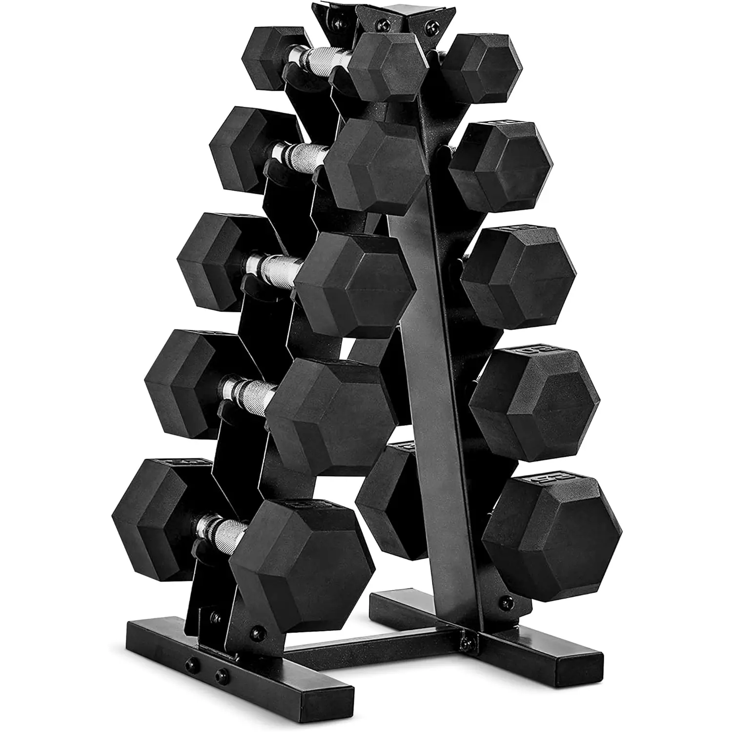Rubber Coated Hex Dumbbell Set with Storage Rack | 100–210 Lb Options, Space-Saving Vertical Compact Storage for Home Gym Strength Training