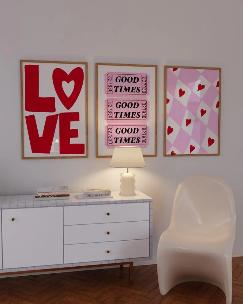 Set Of 3 Pink and Red Retro Poster Valentines Day Art Pink and Red Poster Love Wall Art Aesthetic Trendy Retro Print Apartment