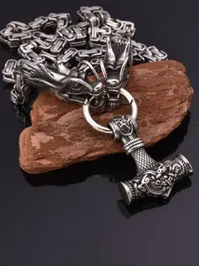 Nordic Vintage Odin Hammer Pendant Chunky Necklace, Stainless Steel Chain, Cuban Link Design, Viking Style, Casual Fashion, All Seasons, Perfect Gift, Cuban Link Choker