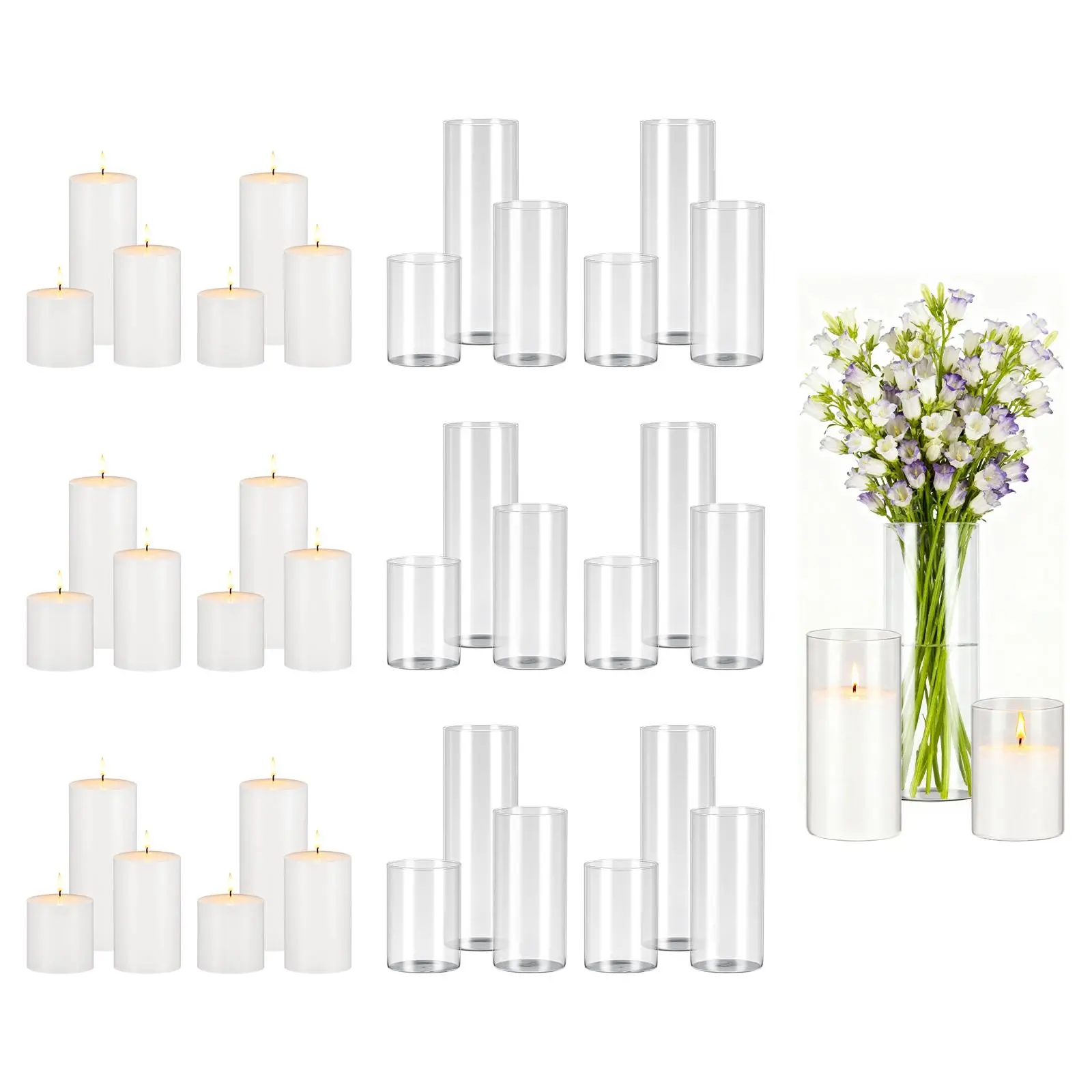【SummerFinds】VEVOR Pillar Candles and Glass Vases Set 36 Pcs, Clear Cylinder Hurricane Candle Holders for Wedding Centerpieces, Tall Vase for Table Decor, Wedding Party, Thanksgiving, White (3.4" x 4.7",7.1",9.8")