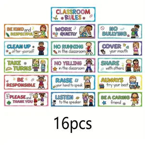 Classroom Rules Poster Set of 16, Durable and Vivid Educational Wall Art for Kids Rooms, Creative Play Space Decoration