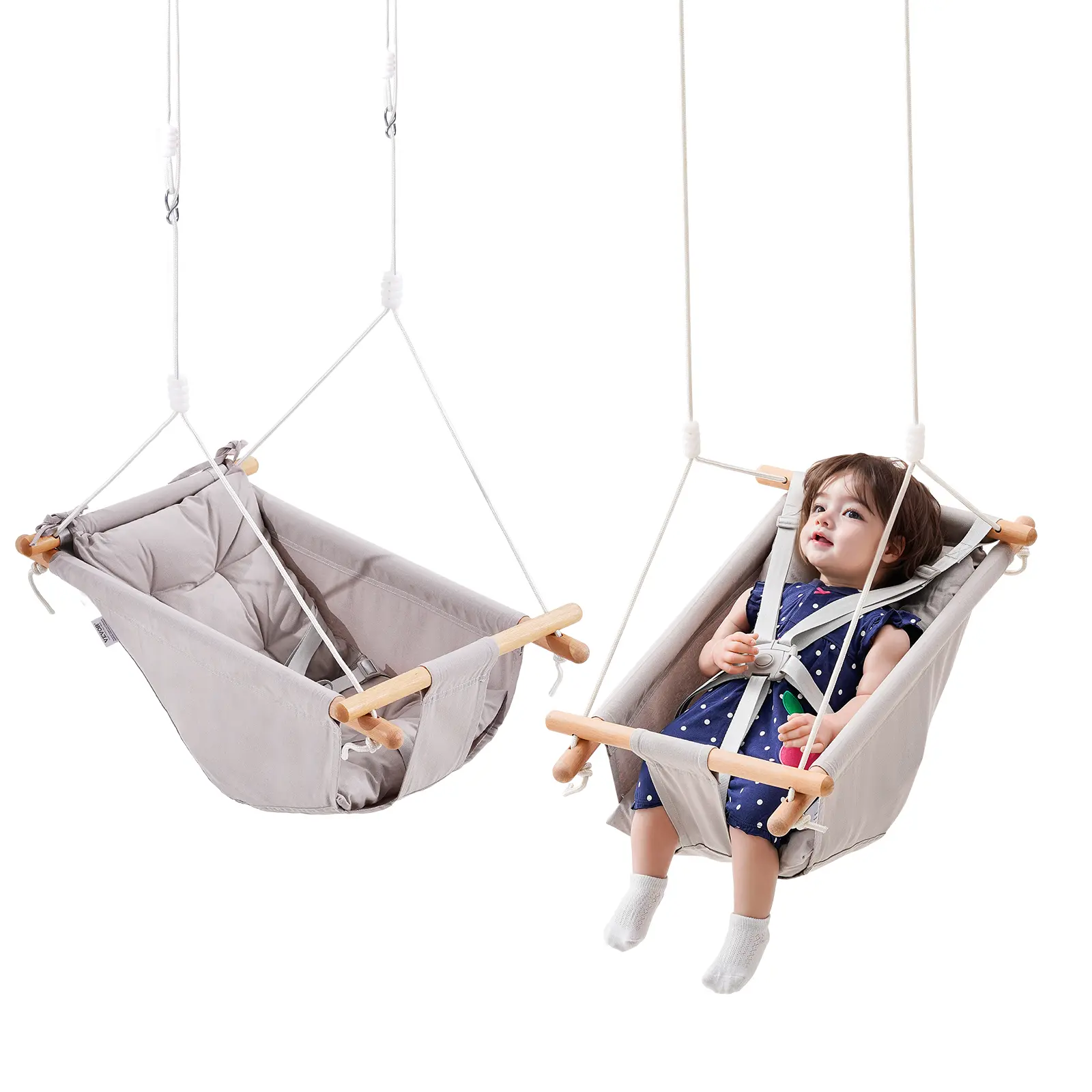 VEVOR  Canvas Hammock Swing, 3 Modes Baby Swing Indoor and Outdoor with 5-Point Harness,  and Tree Straps, 150lbs Weight Capacity, Integrated Cushion, Wooden Hanging Swing Seat for Baby to Toddler