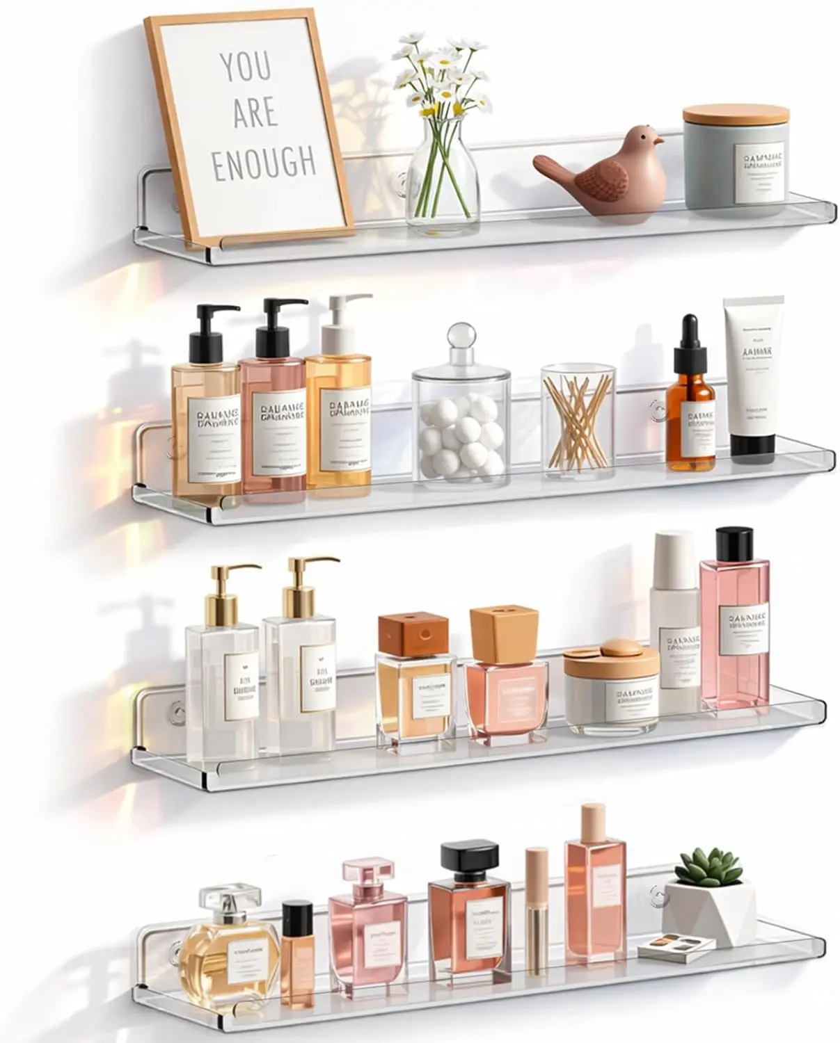 Floating Shelves for Bathroom 4 Pack, Clear Acrylic Wall Organizer Shelves for Perfume Makeup Nail Polish Figures Photos and Books, 14 Inch Wall Mounted Display Rack for Bedroom Nursery Kitchen Living Room Decor