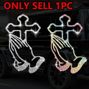 Shiny Praying Hands Cross Car Sticker, Waterproof Self-adhesive Rainbow Color Decals for Car Triangle Windshield Motorcycle Deflector Laptop