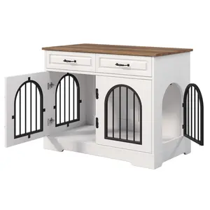 43.3" Dog Crate Furniture with 2 Storage Drawers, Heavy Duty Indoor Dog Kennel for Medium and Large Dogs, Wooden End Table Dog Cage with Side Doors, Stylish Dog Crate Furniture for Living Room, Pet  Furniture, White and Brown house Weatherproof Insulated