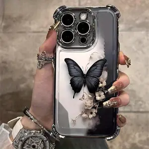 Dark butterfly pattern, four-corner anti-drop, non-slip TPU mobile phone protective case, suitable for iPhone 17 16 15 14 13 12 11 XS X, Samsung and other series models, can be given as a gift to friends or family