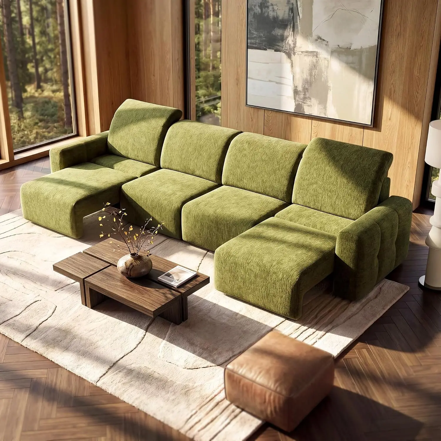ModernMate 154.3" Power Reclining Sectional Sofa, 4-Seat Chenille Reclining Couch with Dual Motor Adjustable Headrest & Footrest, Oversized Modular Home Theater Sofa, Olive Green