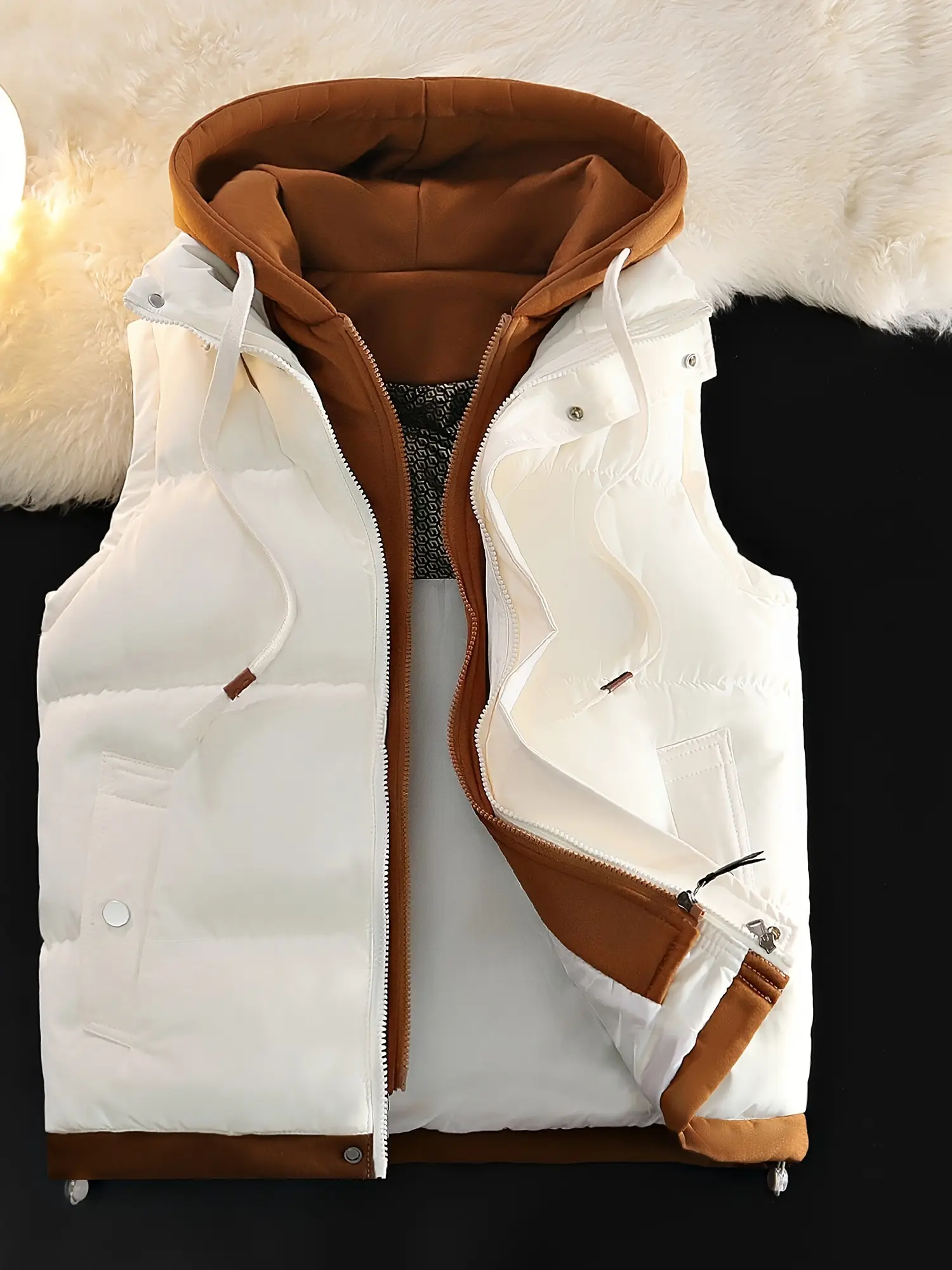 Autumn And Winter Couple Hooded Warm Vest, Fashionable Fake Two Piece Design, Warm Polyester Fiber, Machine Washable, Winter Warmth, Outdoor Casual, Thickened, Couples, Jacket Formal Waistcoat Beige Ivory White