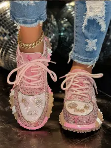 Women's Letter Print Comfortable Thick Sole Diamond Embellished Shoes, Casual Streetwear Athletic Sneakers, All-Season Low Top Design