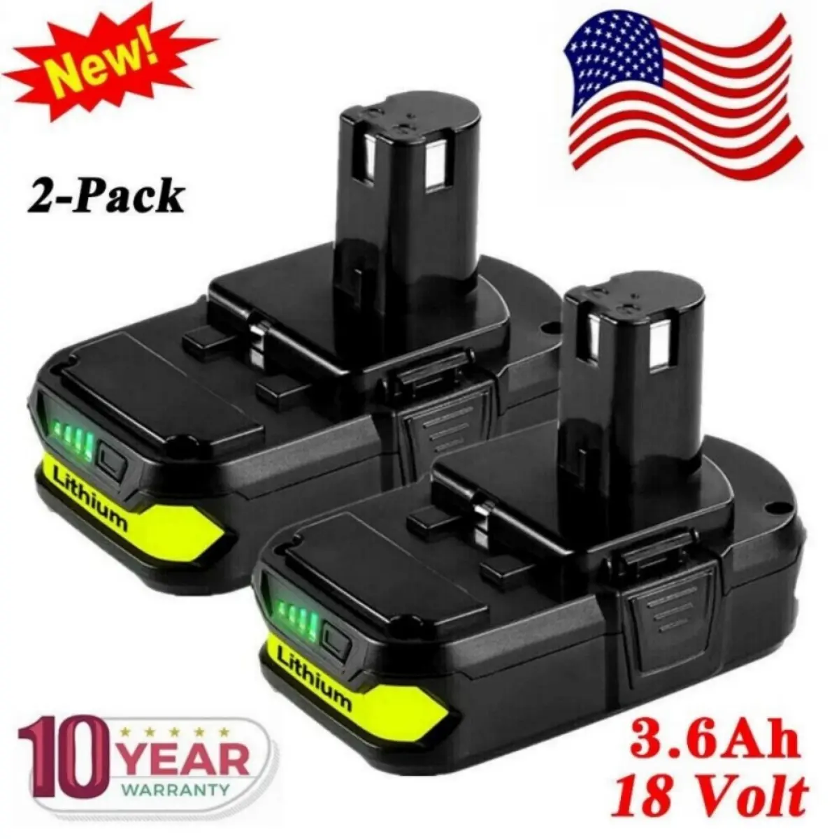 18V Ryobi Lithium Ion Power Tool Batteries (2-Pack, 3600mAh) - Longer Run Time, No Memory Effect, Replacement for P102 P103 P104 P105 P107 P108 P109 P122, Compatible with 18V Ryobi Cordless Power Tools