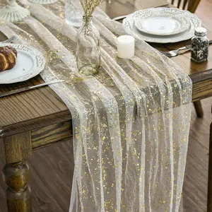 Beige Gold Gauze Weave Table Runner, 120in (10FT) Sheer Glitter Foil Metallic Look Table Linen for Wedding, Home Party Decor