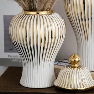 Classic Striped Cylinder Luxury Ceramic Vase, Flower Vase, Elegant Floral Container for Home & Wedding Decor, Storage Jar for Living Room & Hotel Countertop