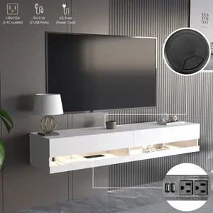 71'' Floating TV Stand for 75/80/85 inch TV, Wall Mounted TV Stand with LED Lights and Power Outlets, Modern High Gloss Entertainment Center, Media Console, Hanging TV Shelf for Living Room, White/Black