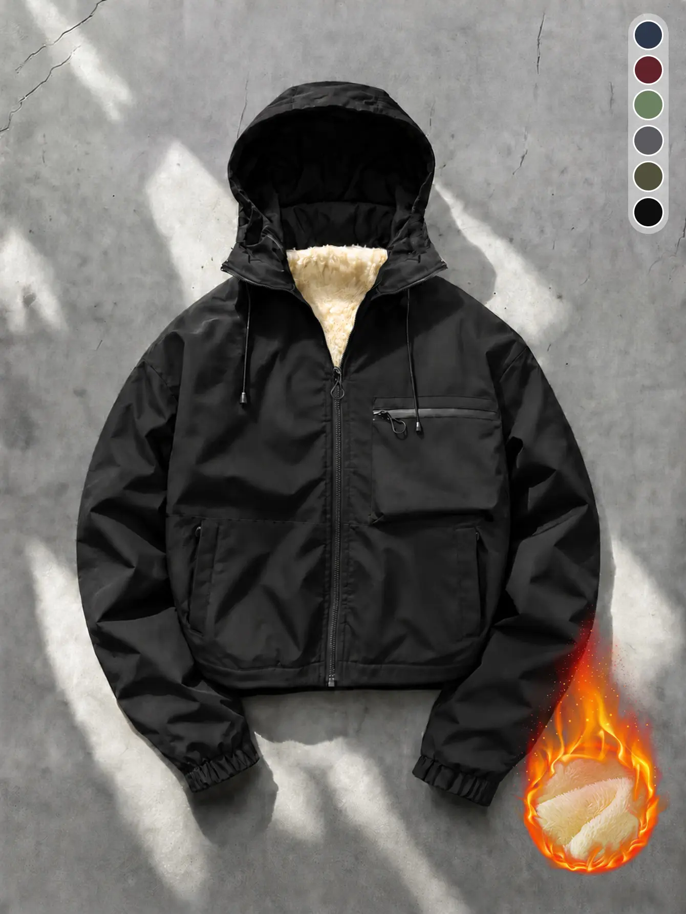 Men Black Cropped Hooded Fleece Lined Tech Jacket Multi Zip Pockets Drawstring Hood Elastic Cuff Autumn Winter Thick Warm Coat
