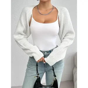 ShrugRaglanSleeveOpenFrontCardiganElegantSolidColorRibbedKnittedCardiganForSpring&FallWomen'sClothing