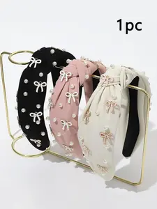 Women's Elegant Faux Pearl Decorated Knot Design Headband, Bow Headbands, Cute Trendy Hair Hoop, Fashionable Hair Accessories for Women & Girls, Hair Bows Headbands