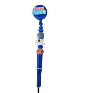 DIY Pen with Badge Holder - Blue Pen with Colorful Beads and Football Design - Perfect for Personalization and Organization