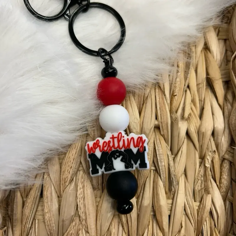 Wrestling Mom Keychain with Red, White, Black Beads, Keyring, and "WRESTLING MOM" Charm