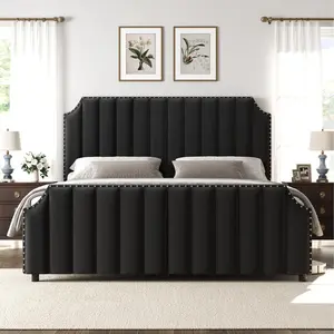 Queen Size Platform Bed Frame with 50.2 in Headboard, Velvet Upholstered Bed Frame Queen with Vertical Channel Tufted Headboard & Footboard, Nailhead Trim, No Box Spring Needed,Black