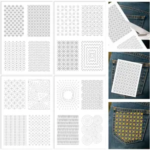 4 Sheets Water Soluble Embroidery Patterns Stabilizers Pre-Printed Sashiko Geometric Pattern Designs Stick and Stitch Embroidery Paper Hand Sewing Stabilizers for Embroidery Beginners