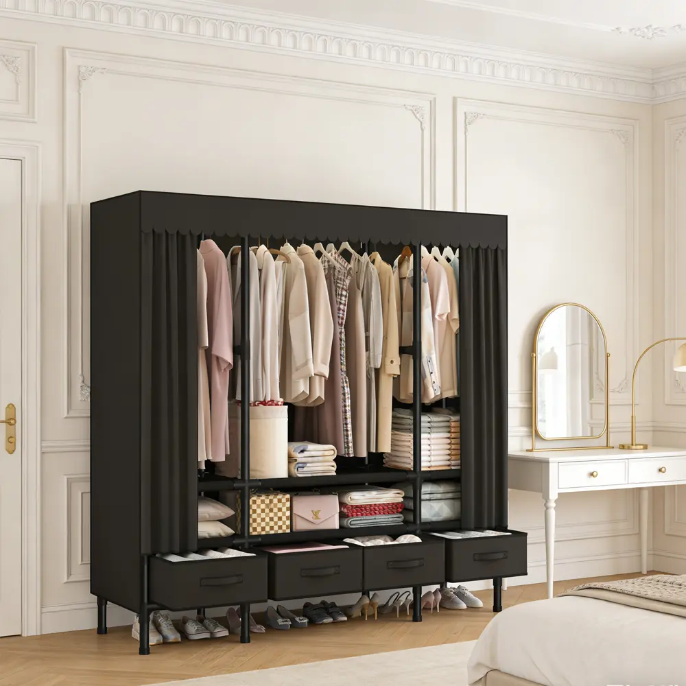 Black large-capacity freestanding fabric wardrobe with 4 storage drawers, reinforced steel frame clothing storage cabinet, black dustproof fabric curtain portable clothes rack, suitable for bedrooms, rental apartments, and small apartments.