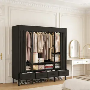 Black large-capacity freestanding fabric wardrobe with 4 storage drawers, reinforced steel frame clothing storage cabinet, black dustproof fabric curtain portable clothes rack, suitable for bedrooms, rental apartments, and small apartments.
