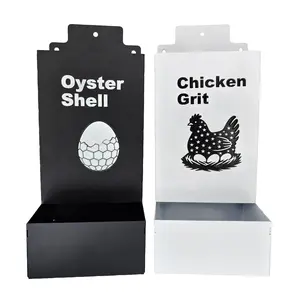 Hanging Chicken Grit Feeder Set of 2, Metal Oyster Shell & Grit Dispenser with Viewing Window, Waste-Reducing Angled Chute, Rust-Resistant Poultry Supplement Feeder for Coop, Run, Fence, Black and White