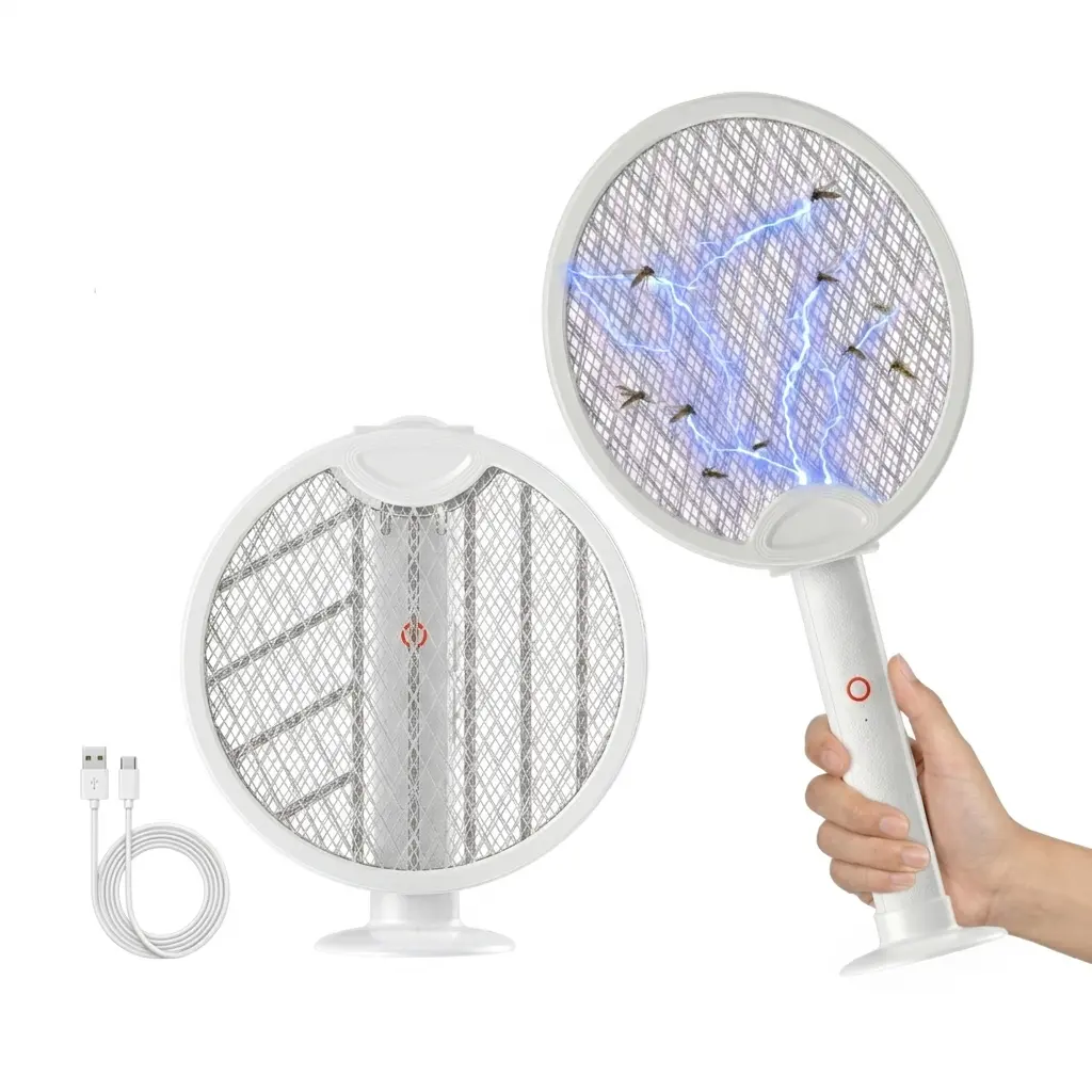 Portable Foldable Electric Fly Swatter Racket - 2 in 1 Smart Bug Zapper with USB Rechargeable Base Motor for Efficient Operation 3-layer Mesh USB Cable for Indoor and Outdoor Use Household Items Appliances Mosquito Trap Mosquito Repellent, Anti-Mosquito E