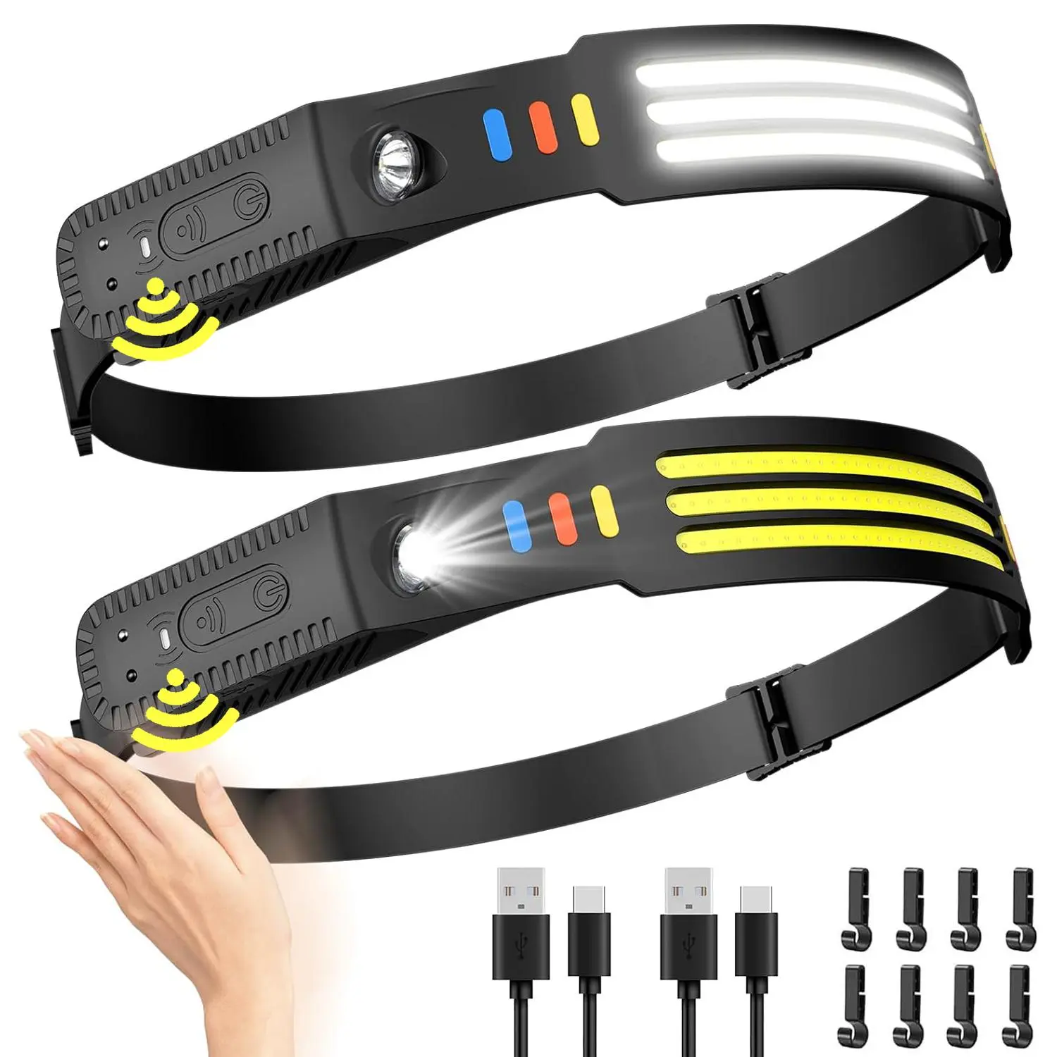 USB Rechargeable Headlamp, 1 Count/2 Counts 230° Wide Beam Headlamp with 5 Modes, Waterproof Outdoor Headlamps for Camping Hiking Fishing