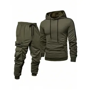 Men’s two-piece set: hooded sweatshirt and cargo pants, made from comfortable, breathable fabric with multiple pockets; casual outdoor fitness wear; streetwear tracksuit set