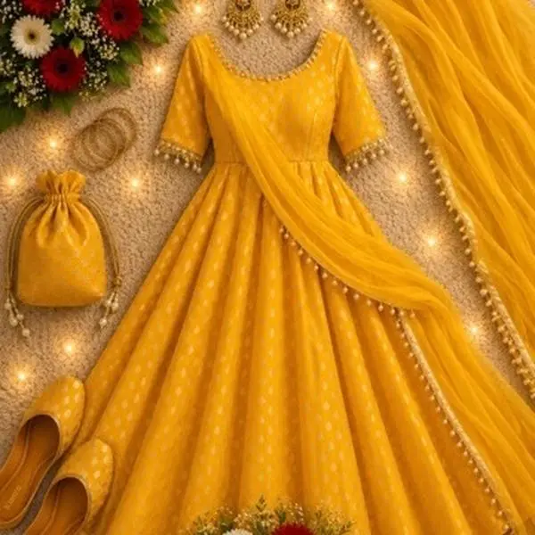 Premium high-quality *Presenting New Designer Collection In Chanderi Jacquard Butti With Embroidery Work Gown And Dupatta Set Fully Stitched Ready To Wear