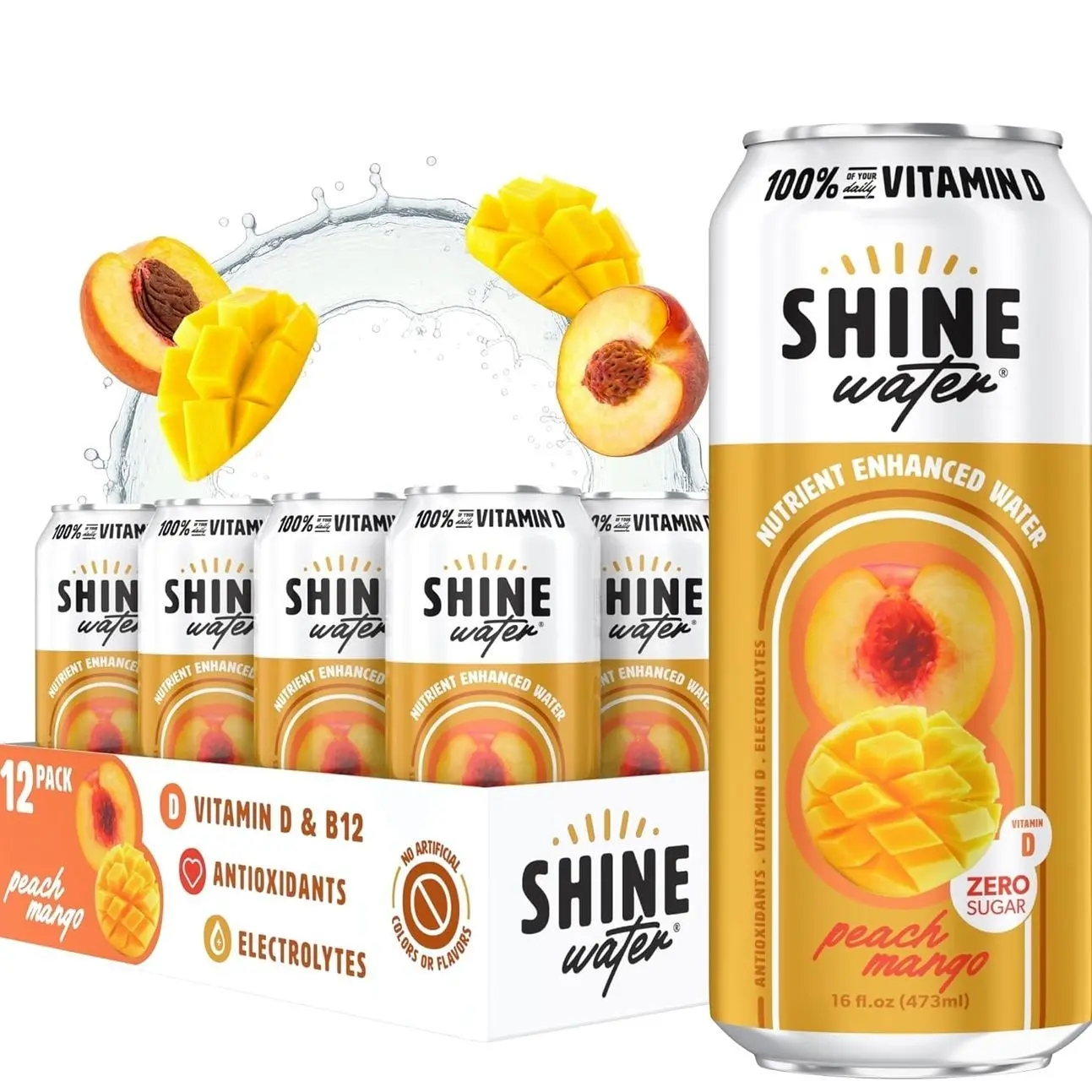 Shine Water Peach Mango Vitamin D Electrolyte Drinks 12-Pack, Sugar Free Flavored Water with Magnesium, Zinc & Antioxidants, Low Calorie Hydration Beverage, Plant-Based Vitamin Water Zero Sugar