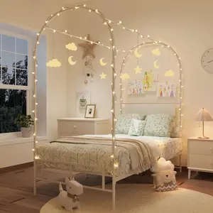 GAOMON Canopy Bed Frame with Upholstered Headboard Twin Size Bed Frame with Under Bed Storage Decorative Arched Metal Bed Frame No Box Spring Needed White