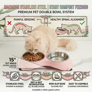 【tiktokshopmemorialday】15° Tilted Stainless Steel Double Cat Bowl, Ergonomic Neck-Protecting Pet Feeder with Non-Slip Base, Easy-Clean Macaron Pastel Bowls for Cervical Relief (34x18x8.5cm) water dog