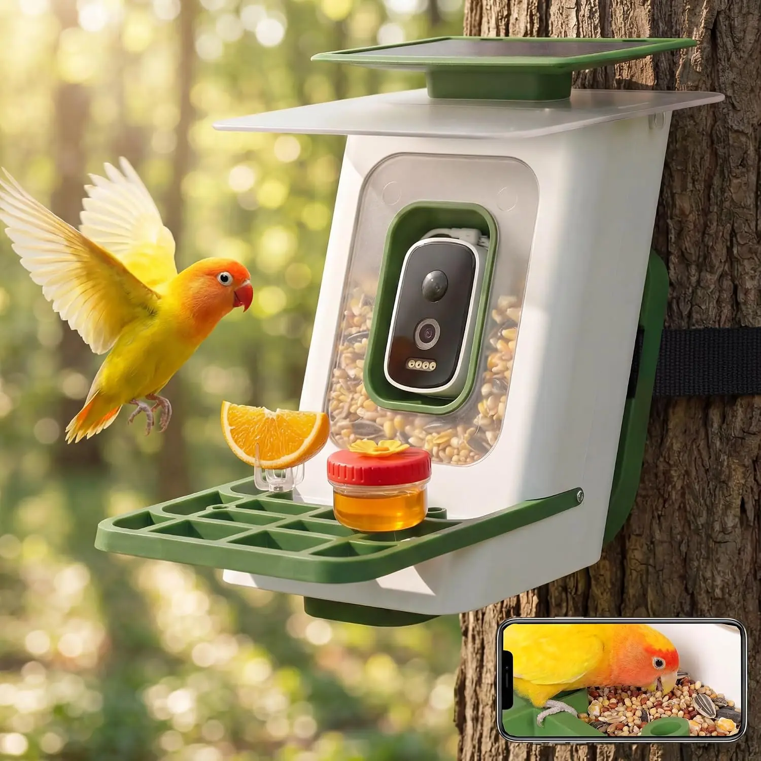 LAUSAINT HOME Smart Bird Feeder with Camera, Solar Powered AI Bird Recognition Bird Camera, 2.5K HD Auto Capture & Instant Alerts, Outdoor Bird Watcher for Backyard, White Green