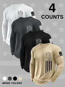 4 Pack Men's Round Neck Long Sleeve T-Shirts, Casual Knitwear Top, Slight Stretch, Flag Print, Quick Dry, Gym, Running, Outdoor Activities